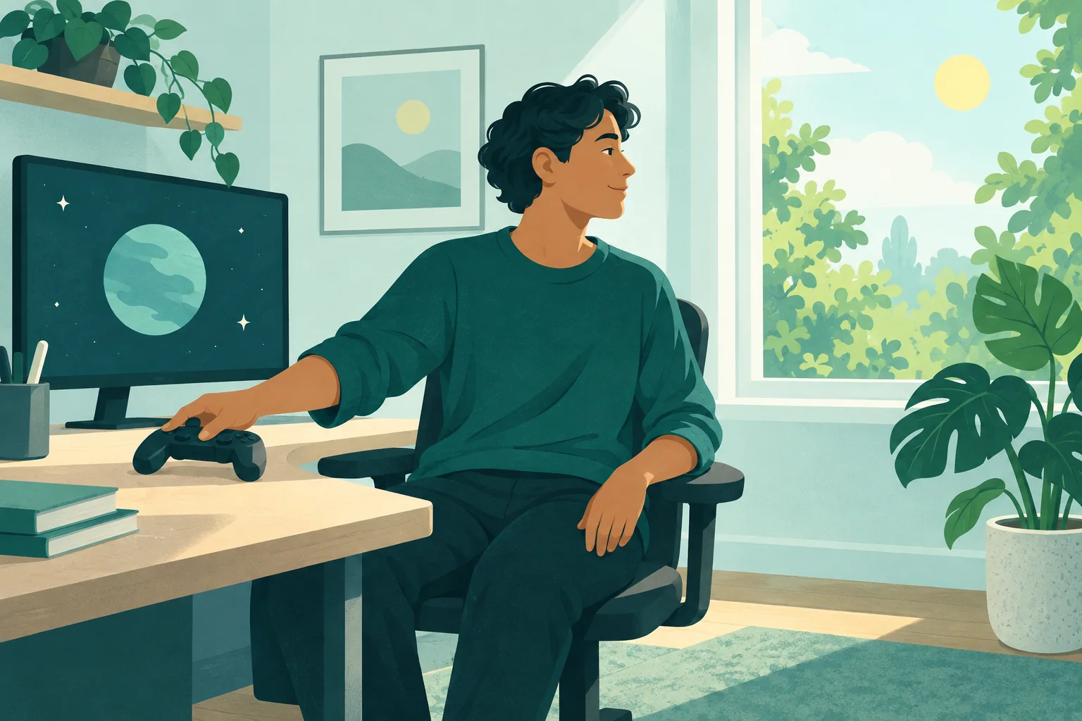 Adult setting a controller down and looking toward a plant and window beside a muted space-themed monitor.