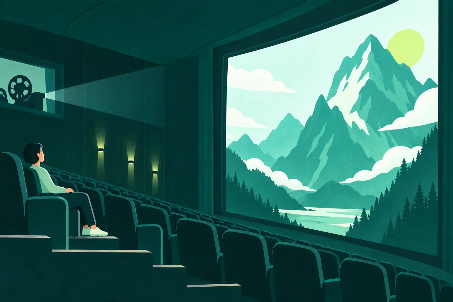 Tall cinema screen above a single seated viewer in an unbranded auditorium.
