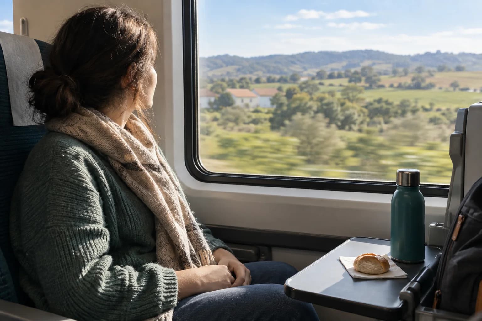 Train passenger with a small plain snack and water on a tray beside a pastoral window view.
