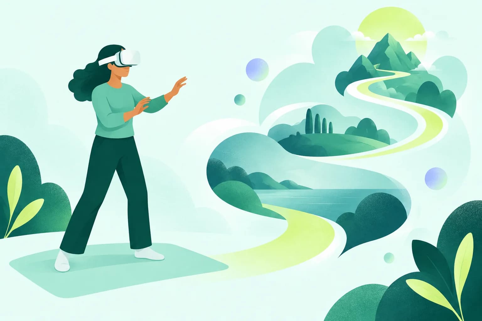 Adult wearing a generic VR headset with feet planted and hands forward beside an abstract rising path.