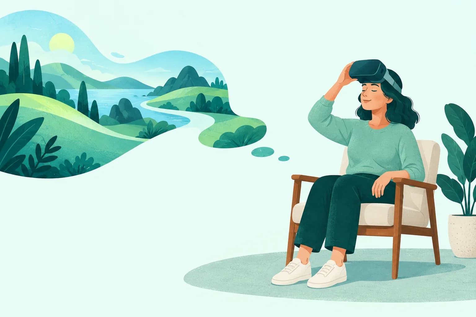 Adult lifting a generic VR headset while seated beside an abstract landscape ribbon ending in open space.