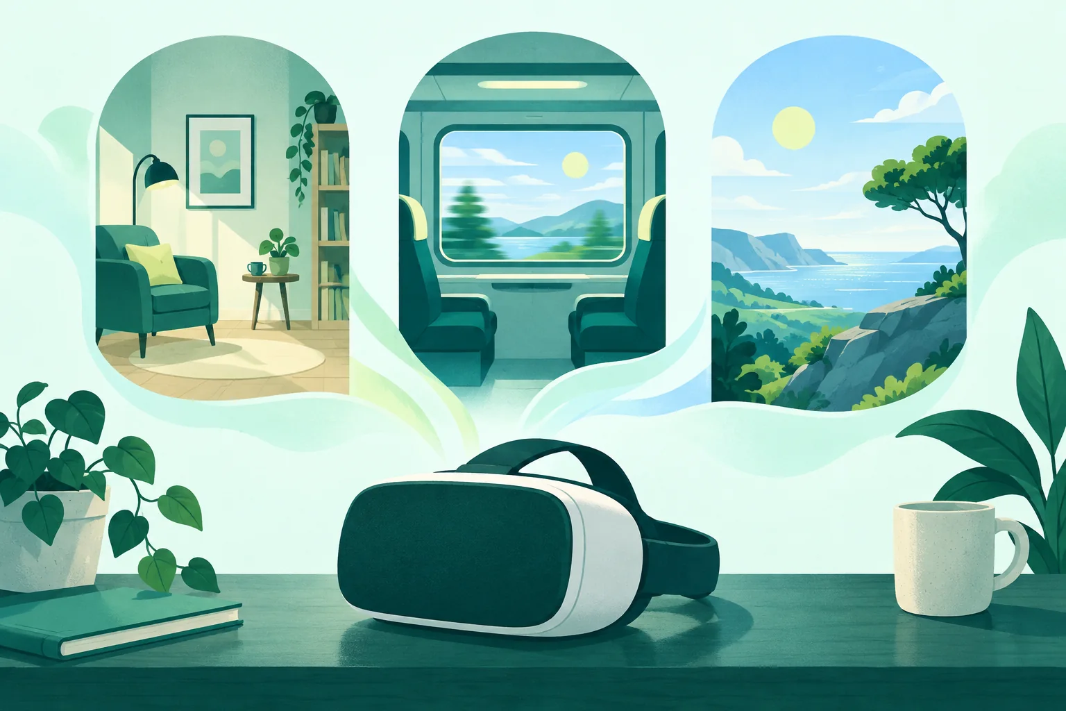 Generic VR headset on a table below three abstract doorway scenes with different spatial layouts.