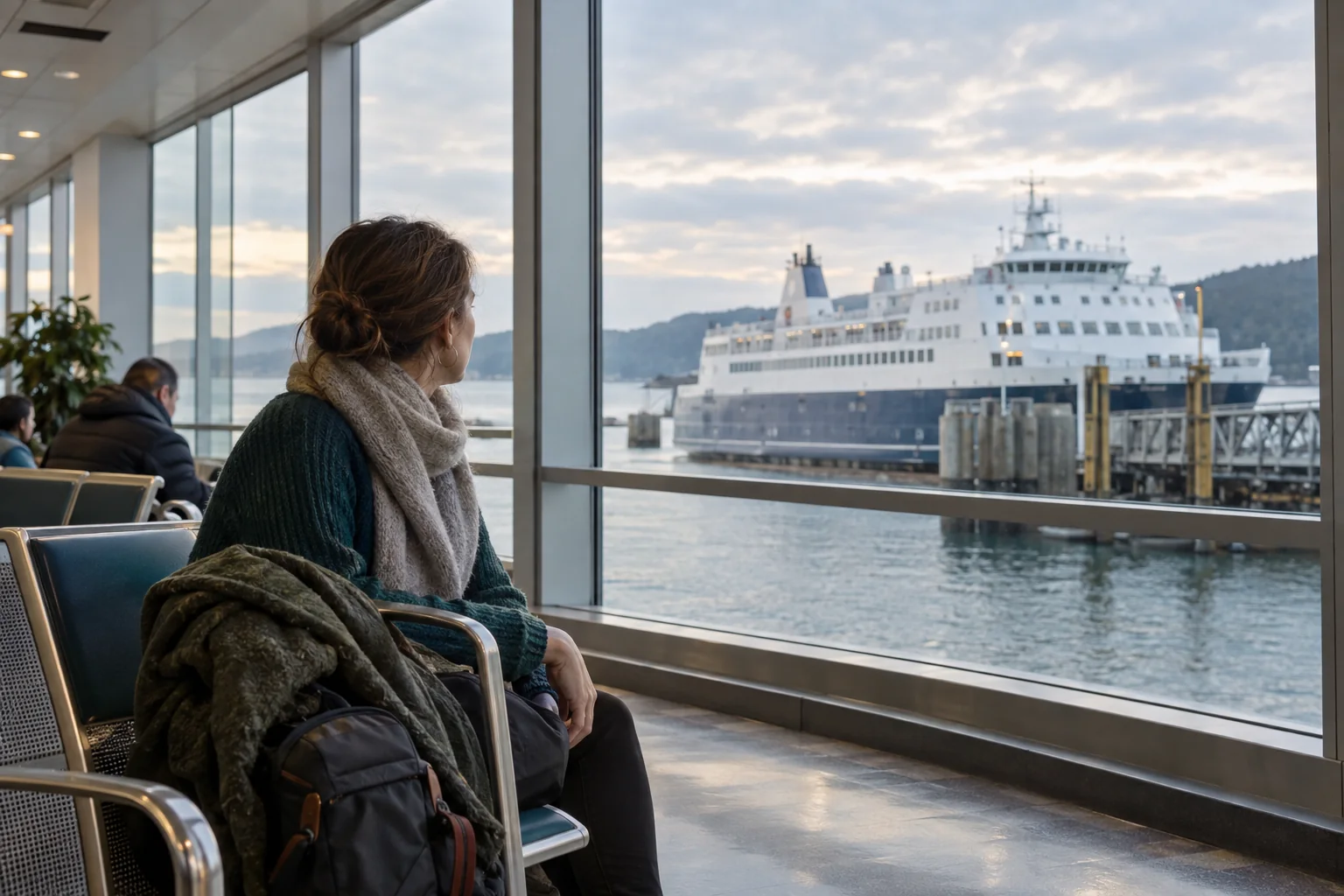 Traveller waiting with a folded warm coat and bag beside a terminal window overlooking a ferry.