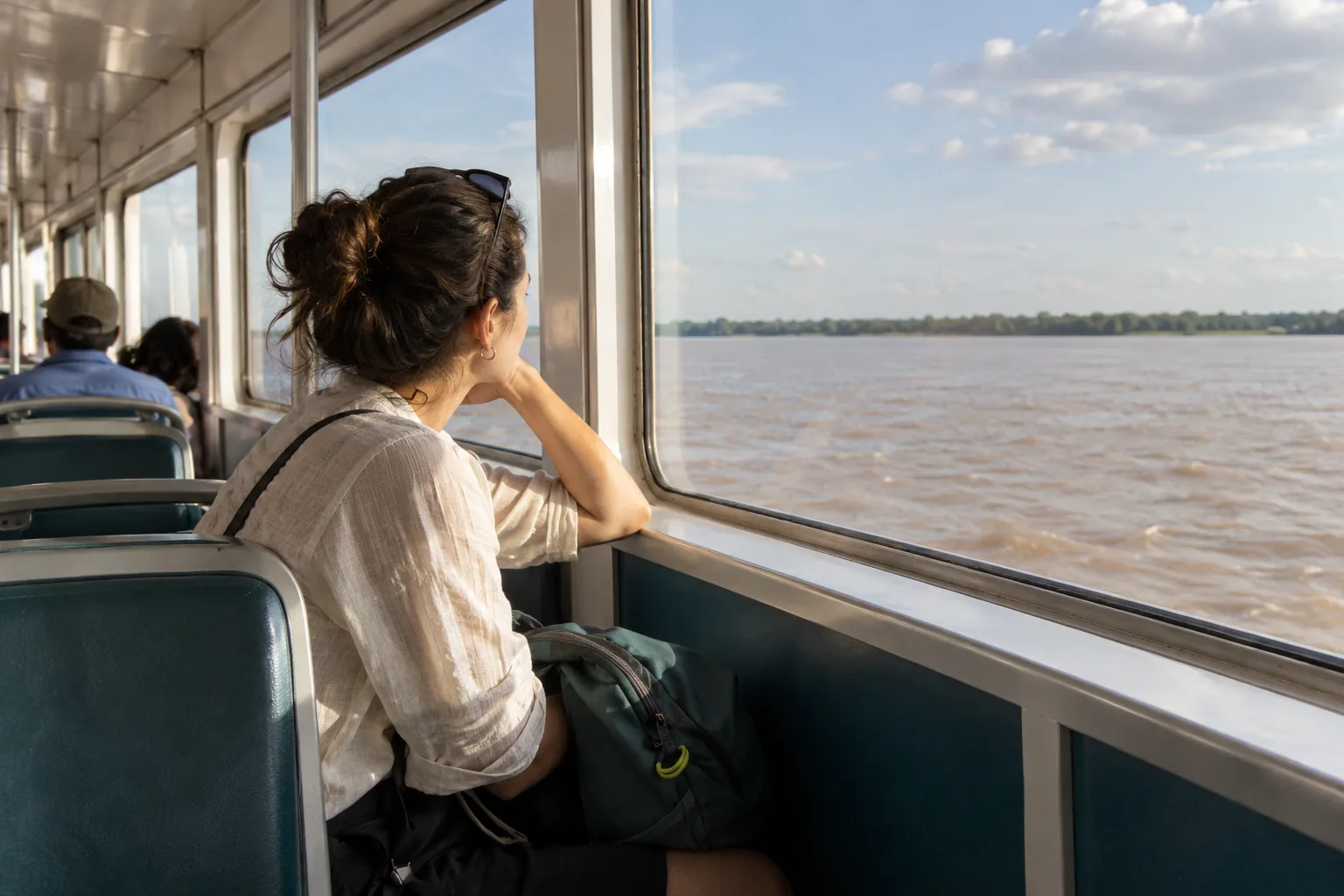 Passenger in a bright ferry lounge looking across broad brown river water toward a flat distant shoreline.