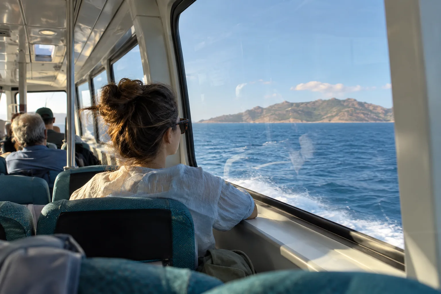 Passenger seated near the front of a generic fast ferry looking toward an island across open channel water.