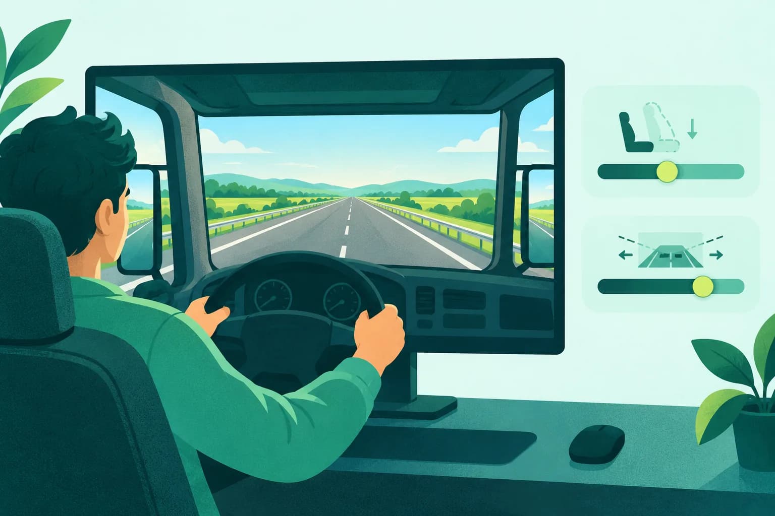 Generic driving game cab with a wide road view, subtle seat sway and simple camera movement controls.