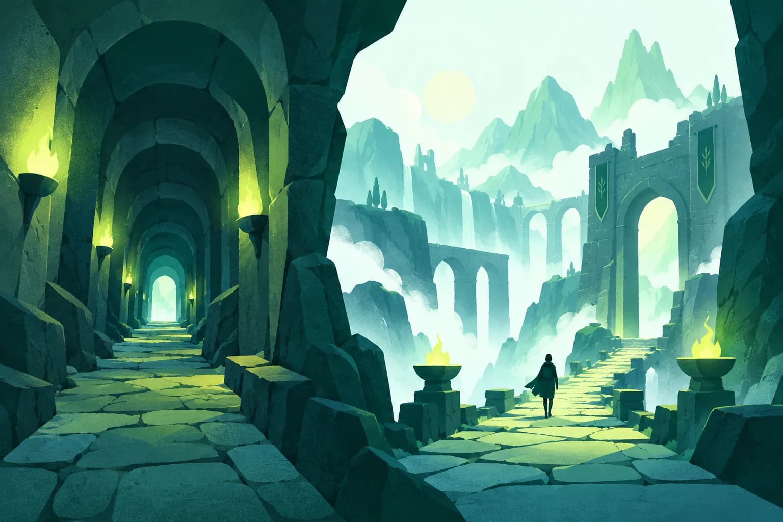 Generic fantasy corridor shown with a narrow first-person frame beside a steadier third-person silhouette view.