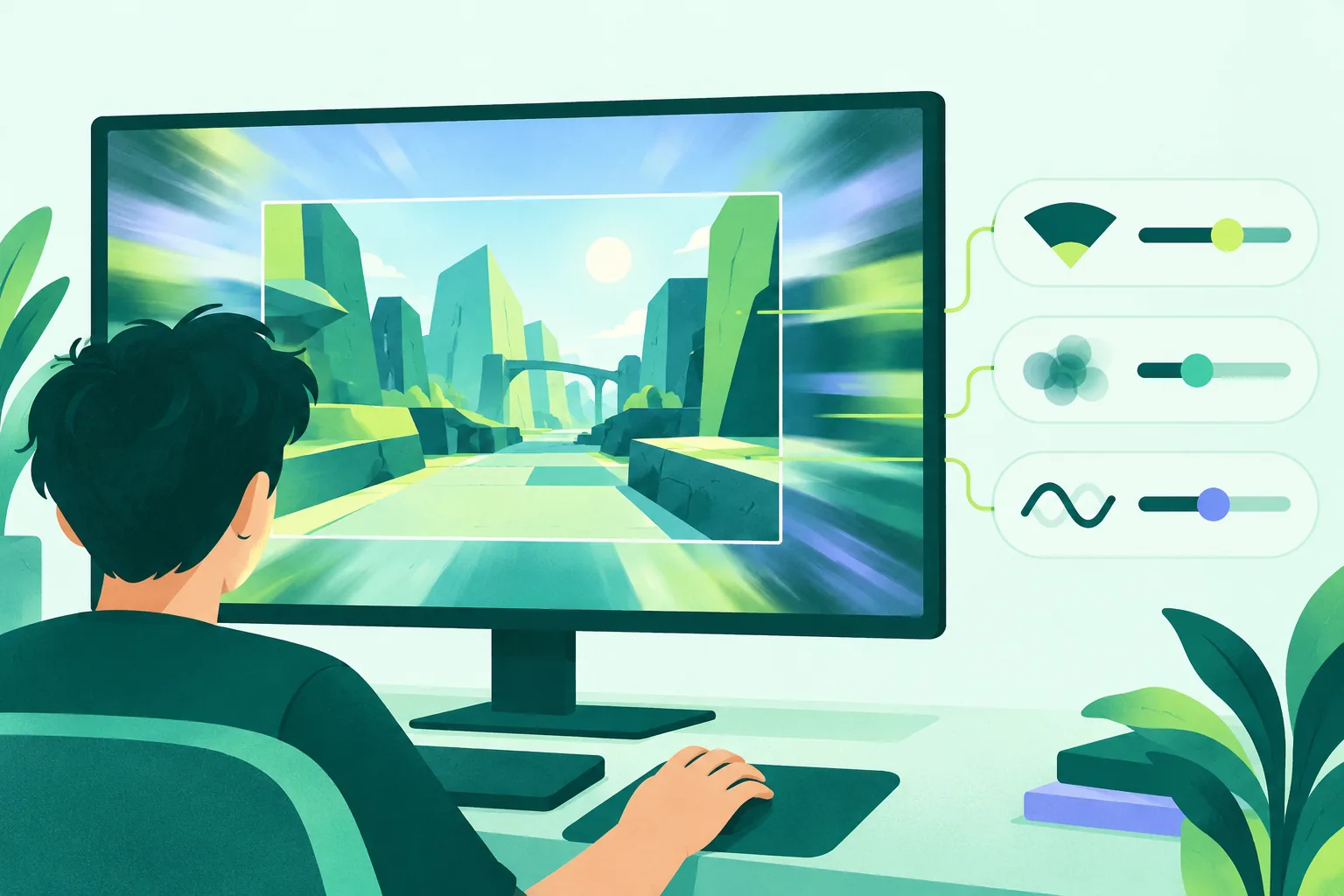 Generic first-person action game scene framed by a wider view, with abstract blur and camera movement controls beside it.