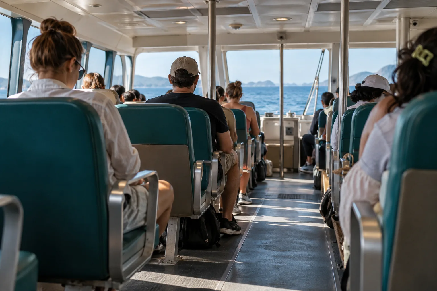 Passenger choosing a central seat inside a generic fast ferry cabin during a bright Gulf crossing.