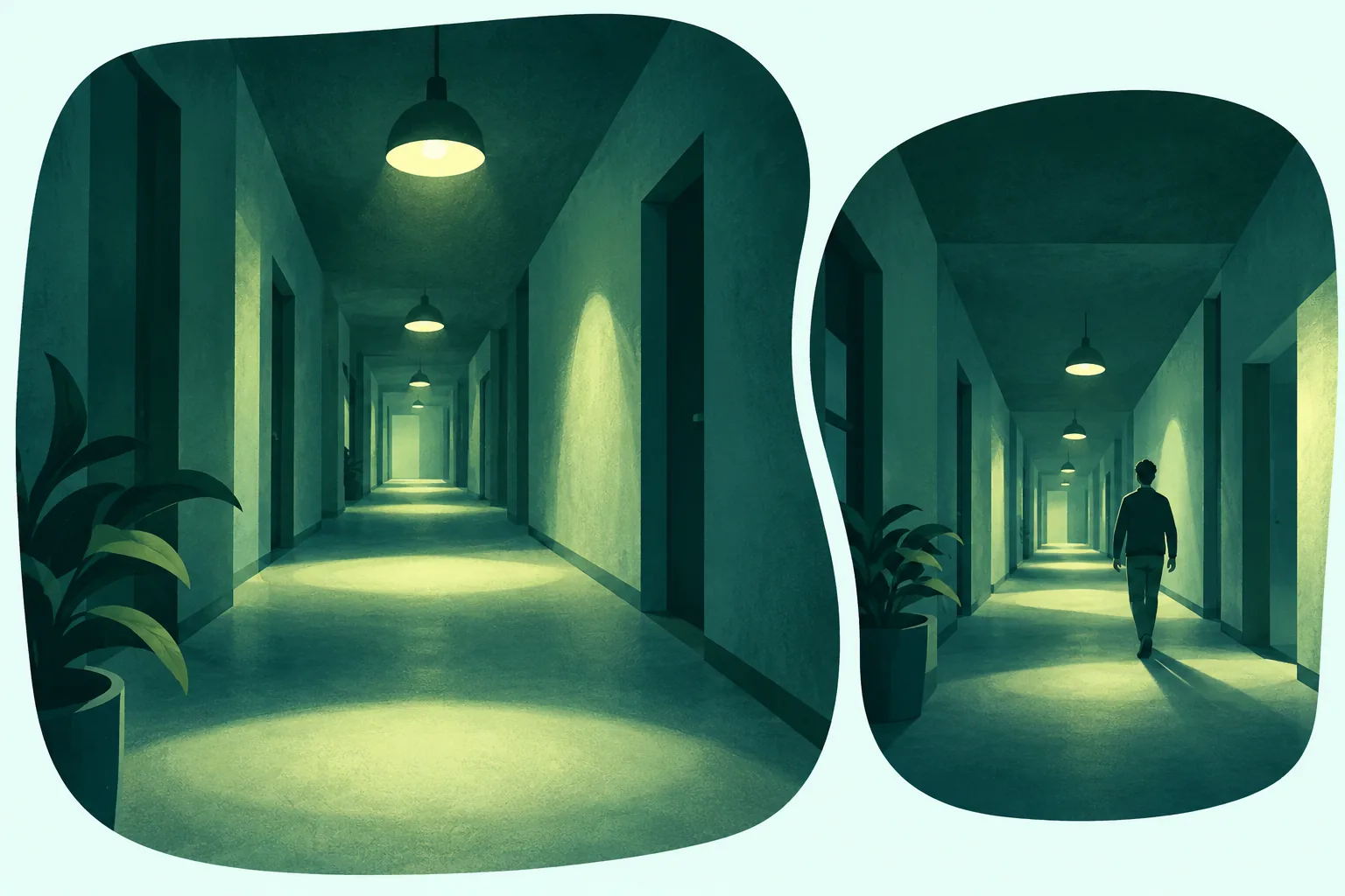 Original dim corridor compared through close first-person framing and a steadier third-person silhouette view.