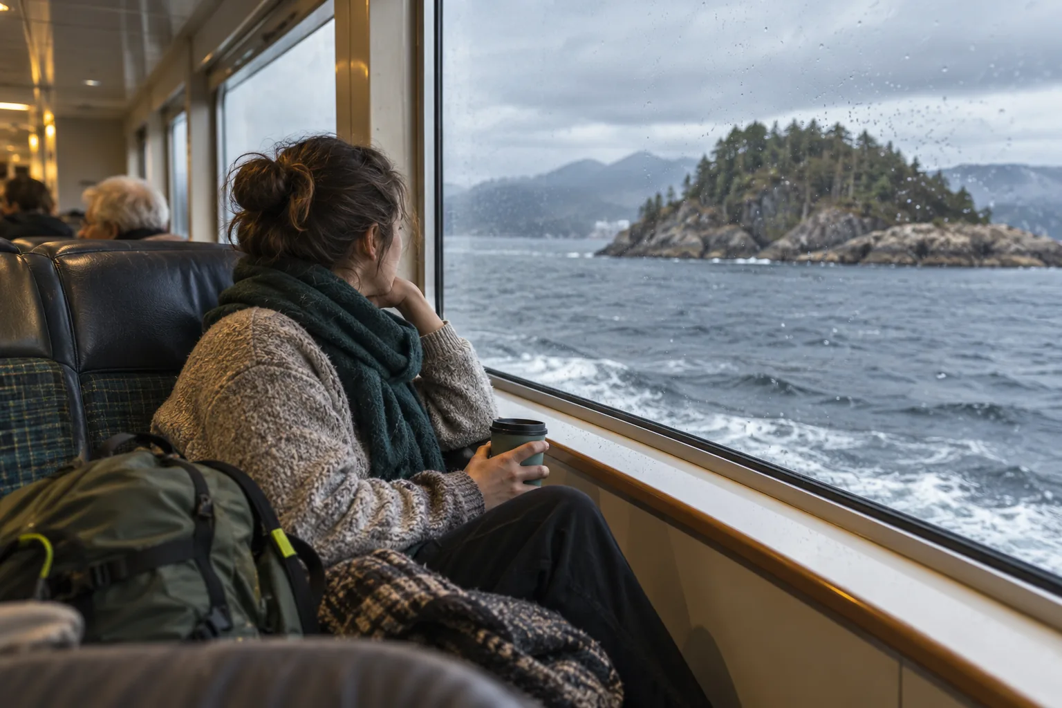 Passenger looking through a ferry lounge window at tidal water and a low rocky island during a northern crossing.