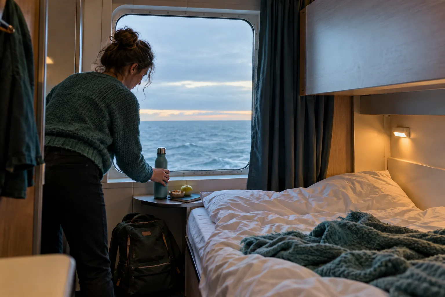 Traveler preparing a simple overnight ferry cabin with water, light food and the curtain partly open to the horizon.