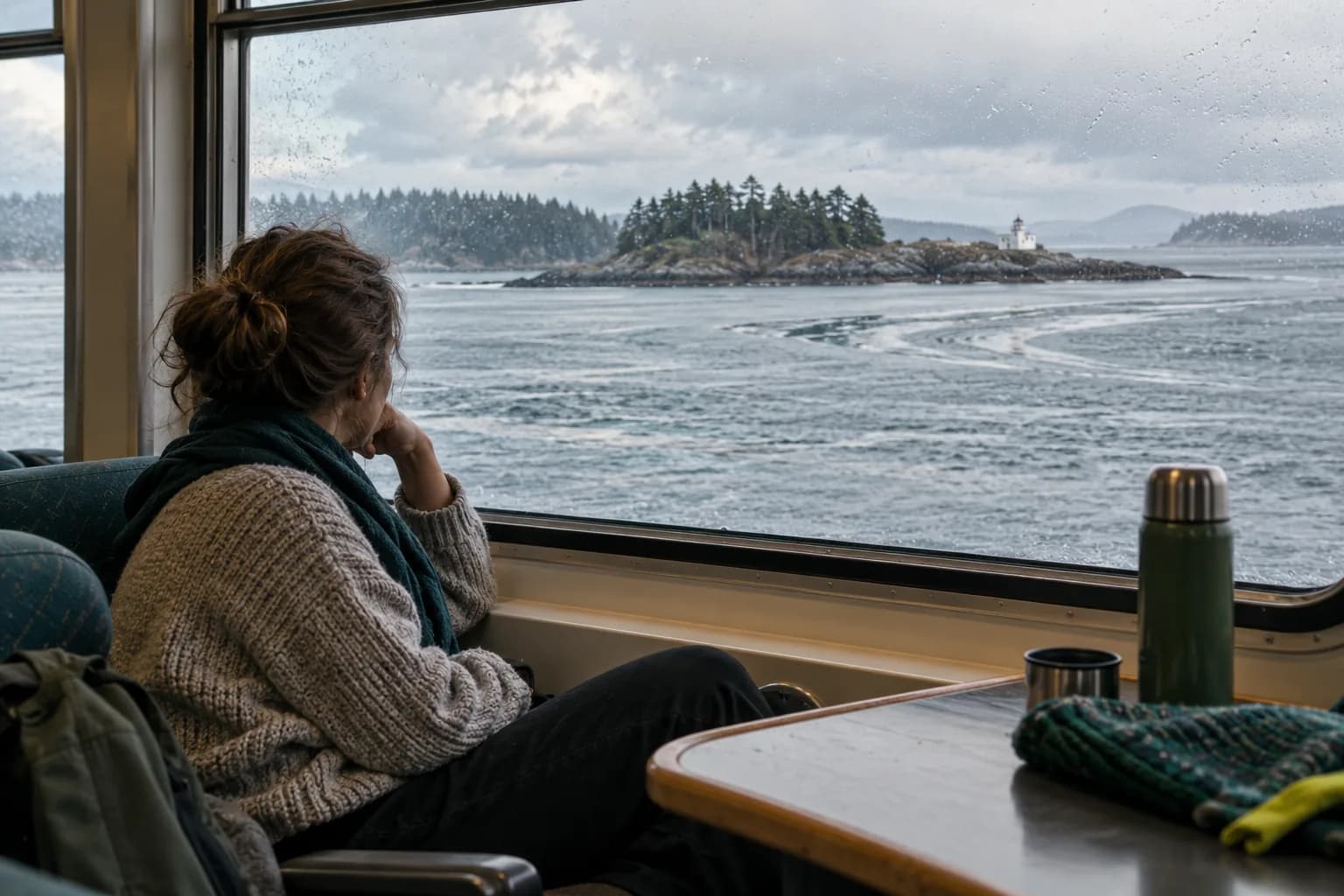 Northern ferry passenger watching visible tidal lines and a low island through a rain-speckled window.