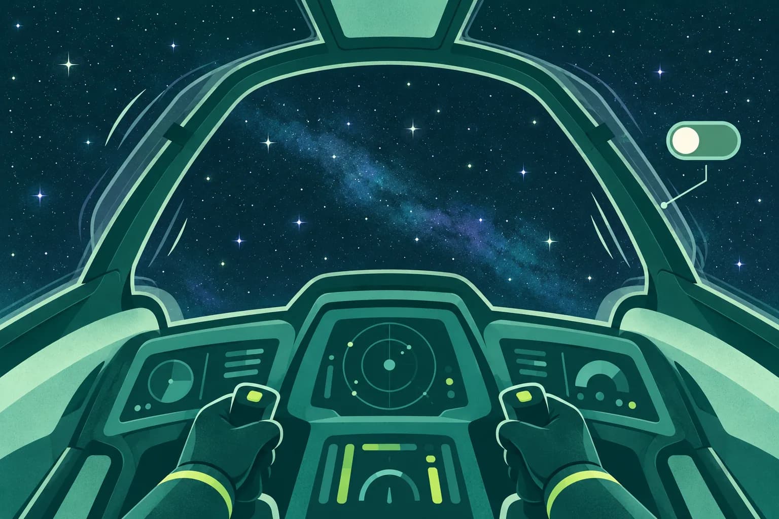 Generic space cockpit frame vibrating in the foreground while a simple star field remains steady beyond it.