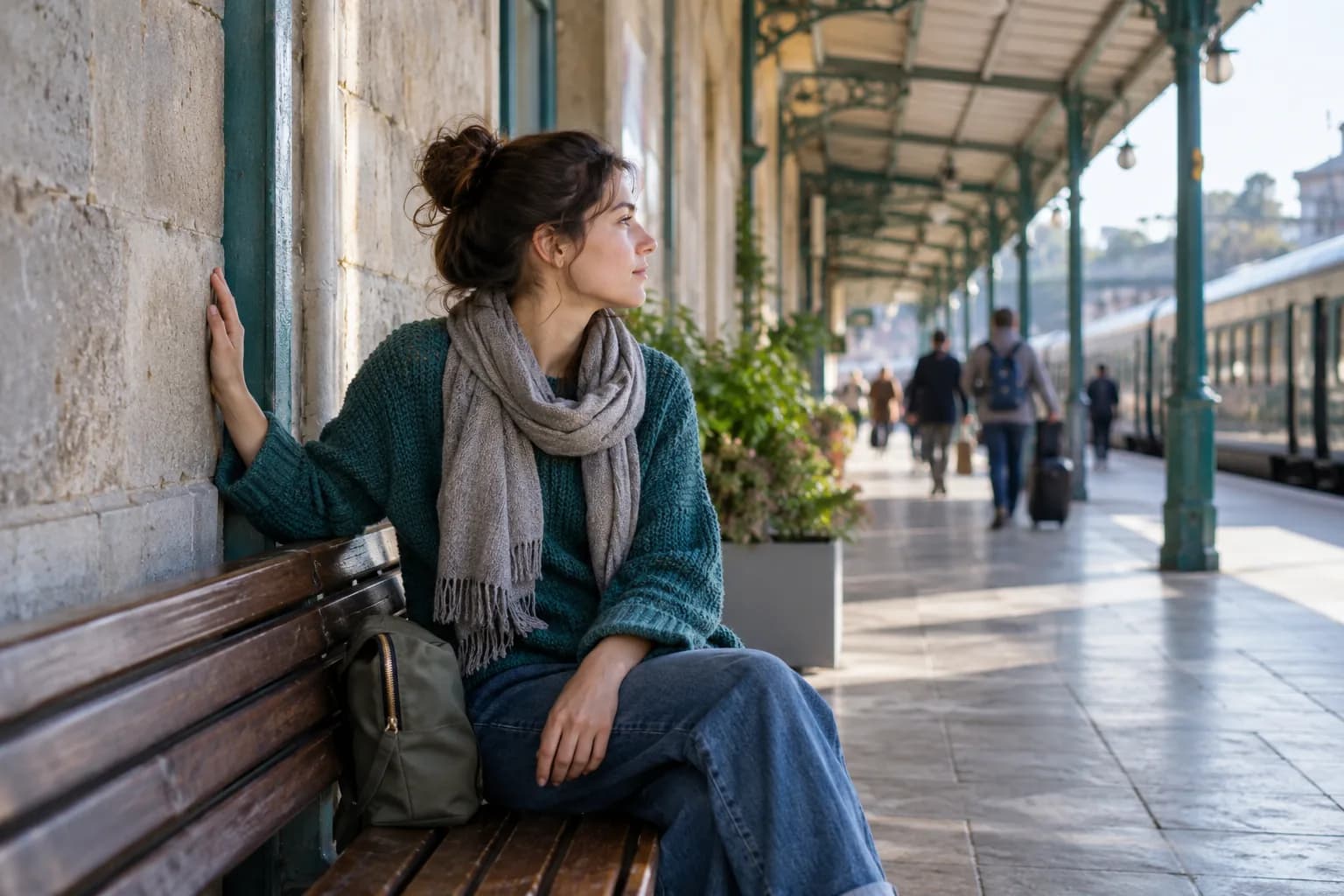 Traveler seated safely at a station with one hand on a stable wall and eyes on a fixed architectural line.