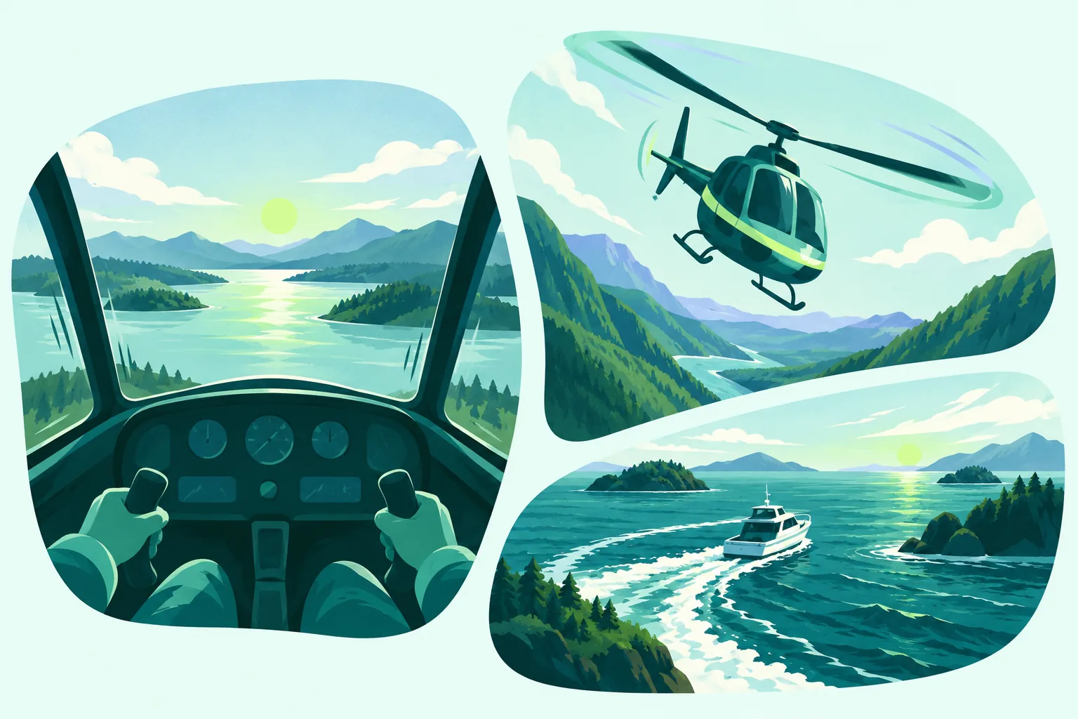 Three original game camera vignettes showing cockpit shake, banking roll and a tracking view over water.