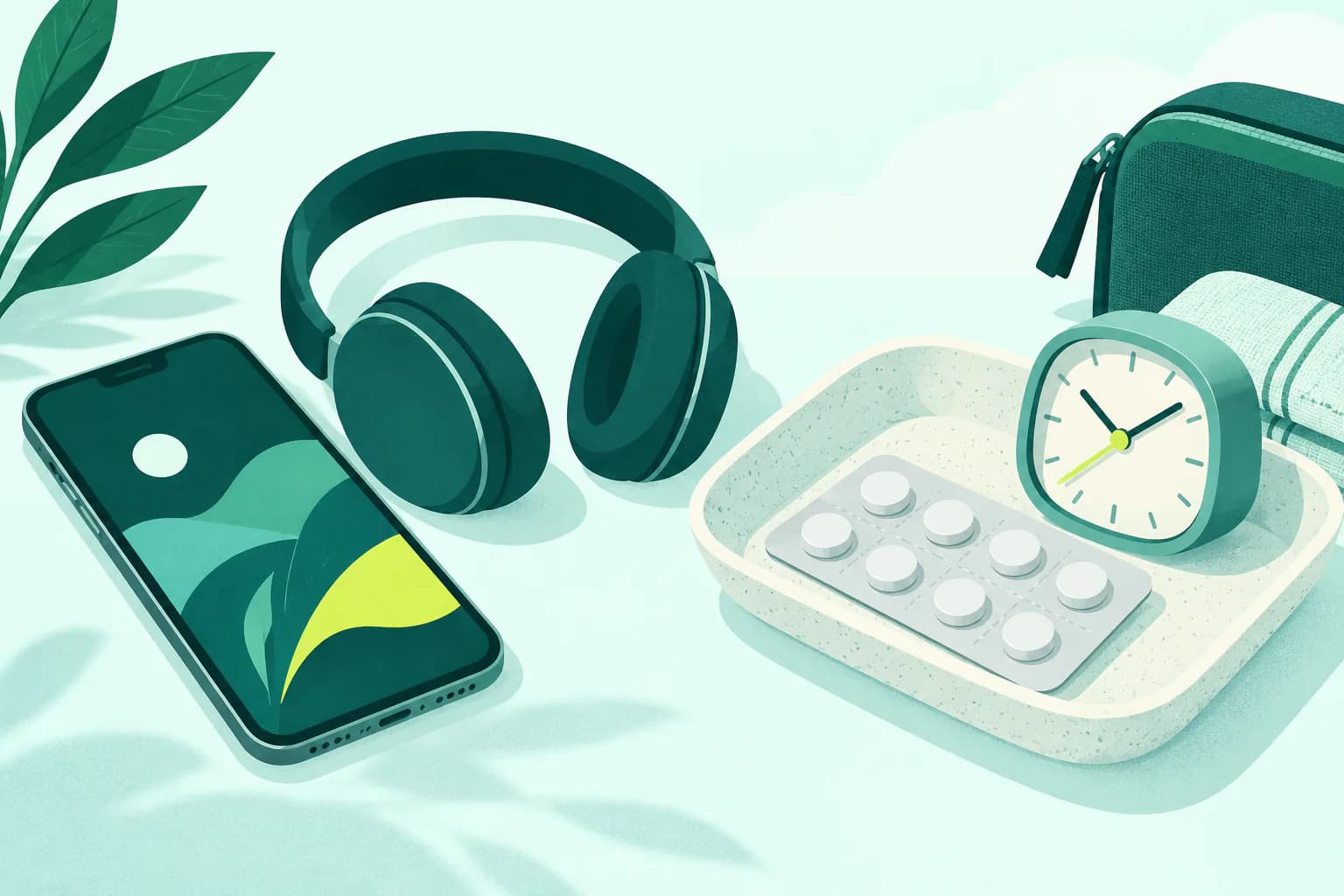 Flat editorial illustration for Dizzout vs Bonine: Drug-Free App or Meclizine Pill?, of unbranded travel options arranged neutrally without a winner or outcome claim.