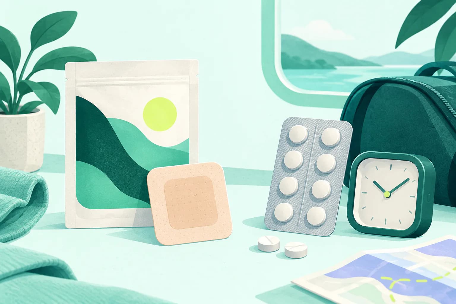 Flat editorial illustration for Scopolamine Patch vs Dramamine: Patch or Pill for Cruises?, of unbranded travel options arranged neutrally without a winner or outcome claim.