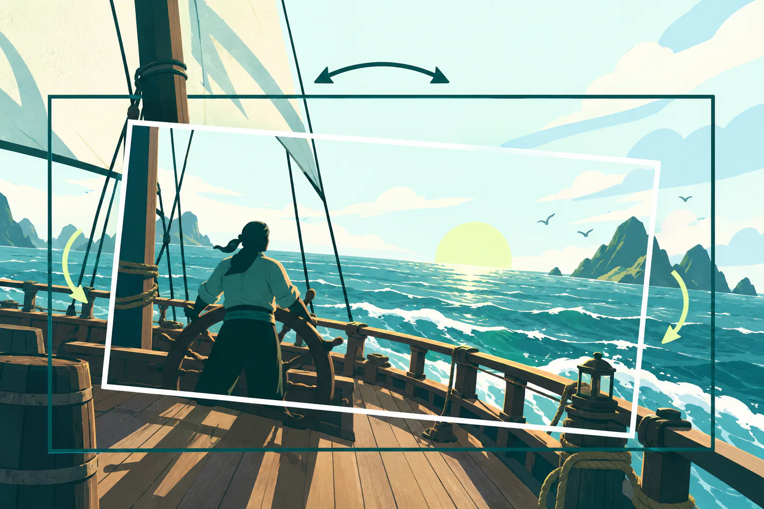 Flat editorial illustration for Sea of Thieves, of an original game scene using camera frames and a stable visual reference.
