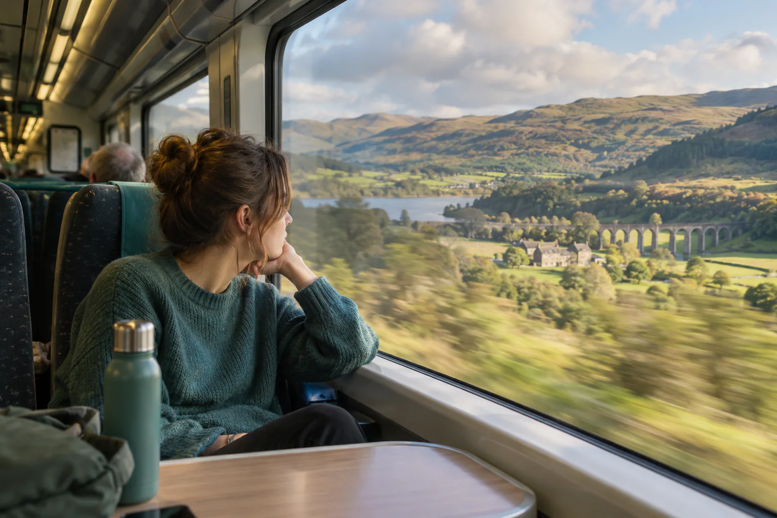Candid editorial photo for Class 221 Super Voyager, of a passenger by a train window with near and distant motion references.