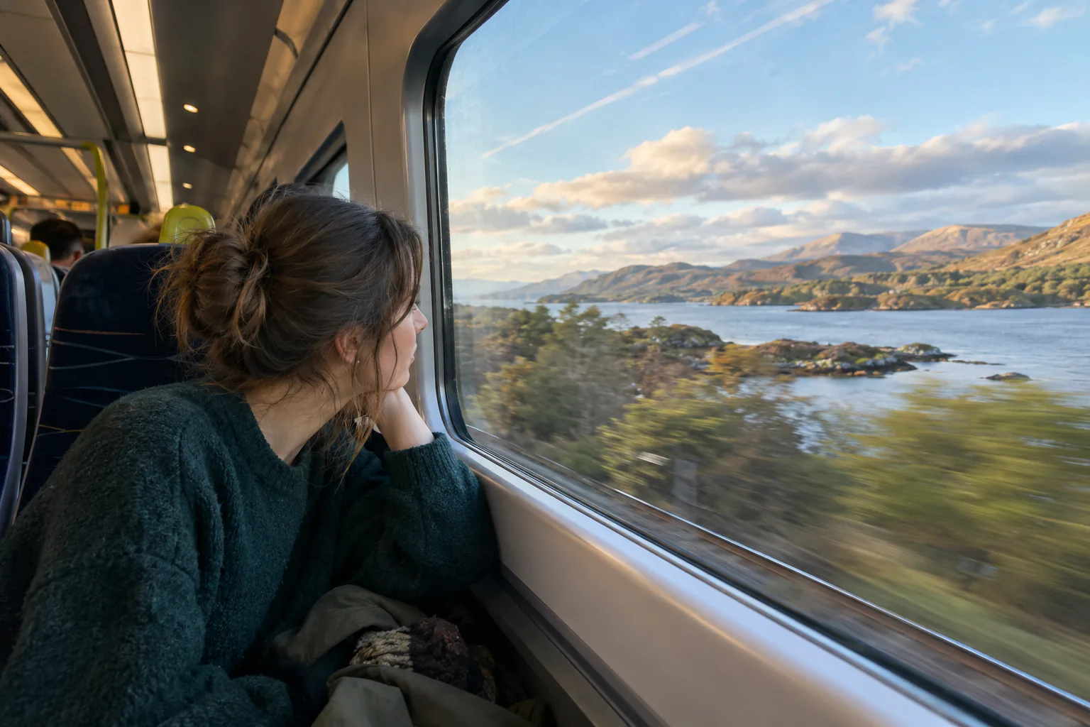 Candid editorial photo for Class 397 (TPE Nova 2), of a passenger by a train window with near and distant motion references.