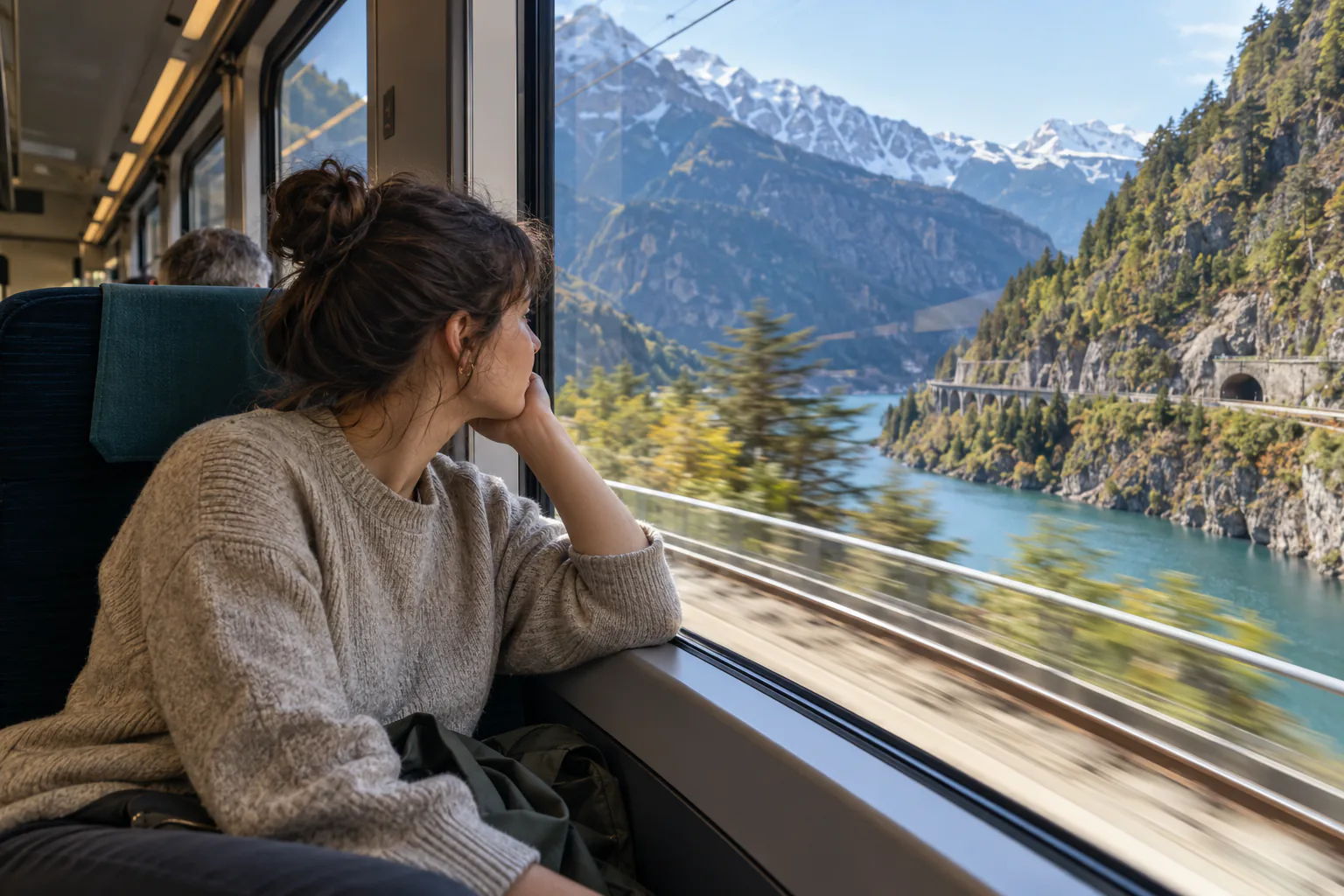 Candid editorial photo for ETR 610 (Astoro), of a passenger by a train window with near and distant motion references.