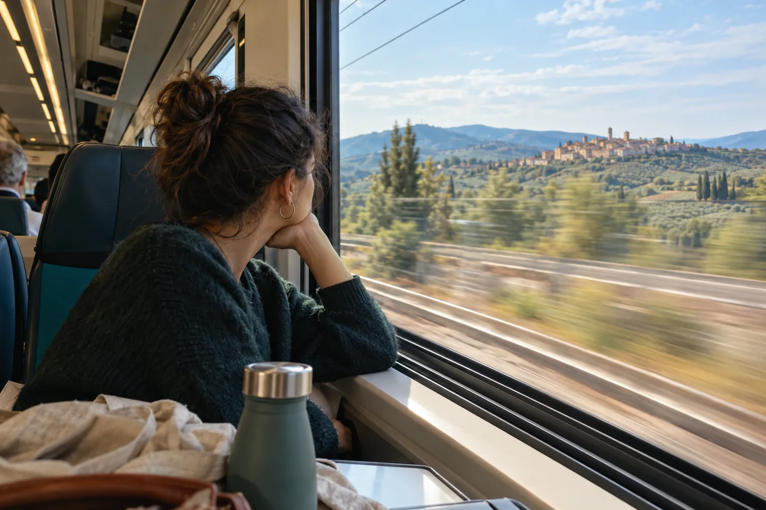 Candid editorial photo for Frecciarossa 1000 (ETR 1000), of a passenger by a train window with near and distant motion references.