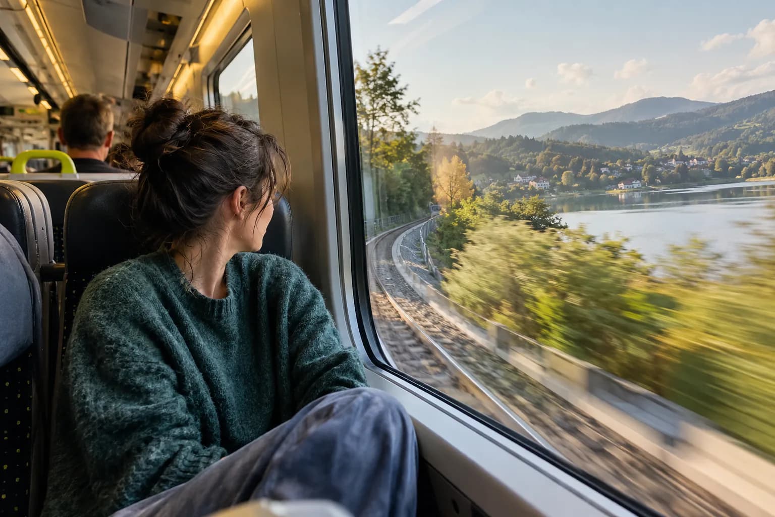 Candid editorial photo for RegioSwinger (Class 612), of a passenger by a train window with near and distant motion references.