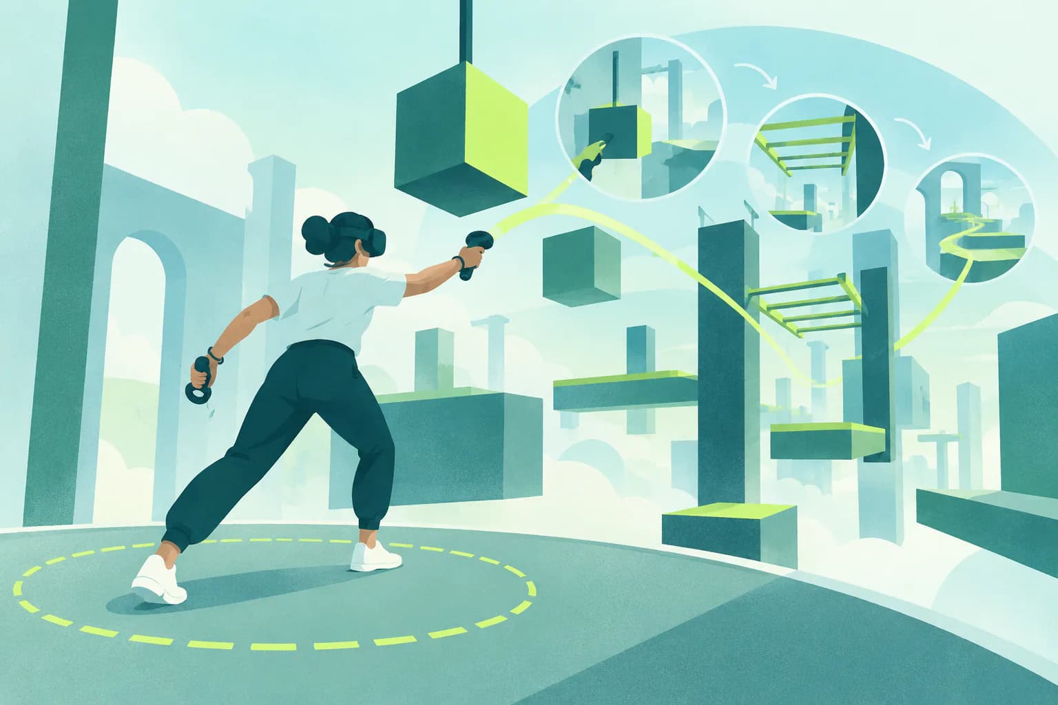 Flat editorial illustration for Boneworks, of a generic VR comfort scene with a safe boundary and restrained motion cues.