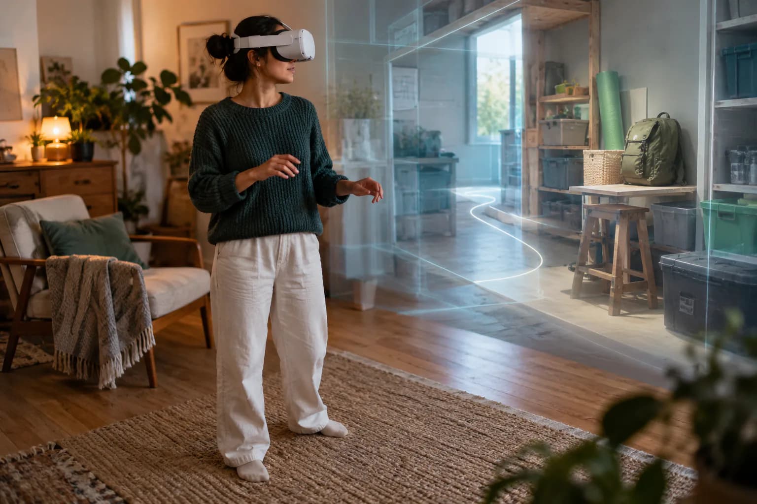 Candid editorial photo for Ghosts of Tabor, of a generic VR comfort scene with a safe boundary and restrained motion cues.