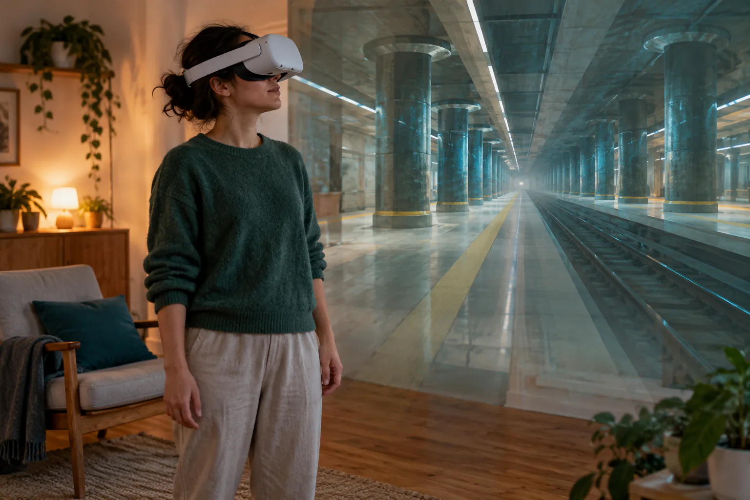 Candid editorial photo for Metro Awakening, of a generic VR comfort scene with a safe boundary and restrained motion cues.