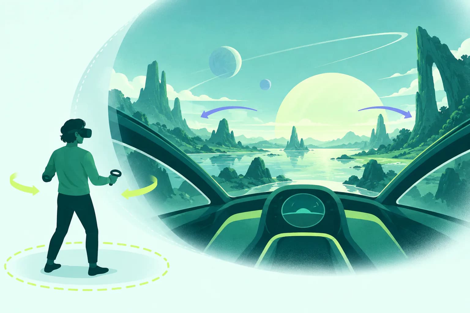 Flat editorial illustration for No Man's Sky VR, of a generic VR comfort scene with a safe boundary and restrained motion cues.
