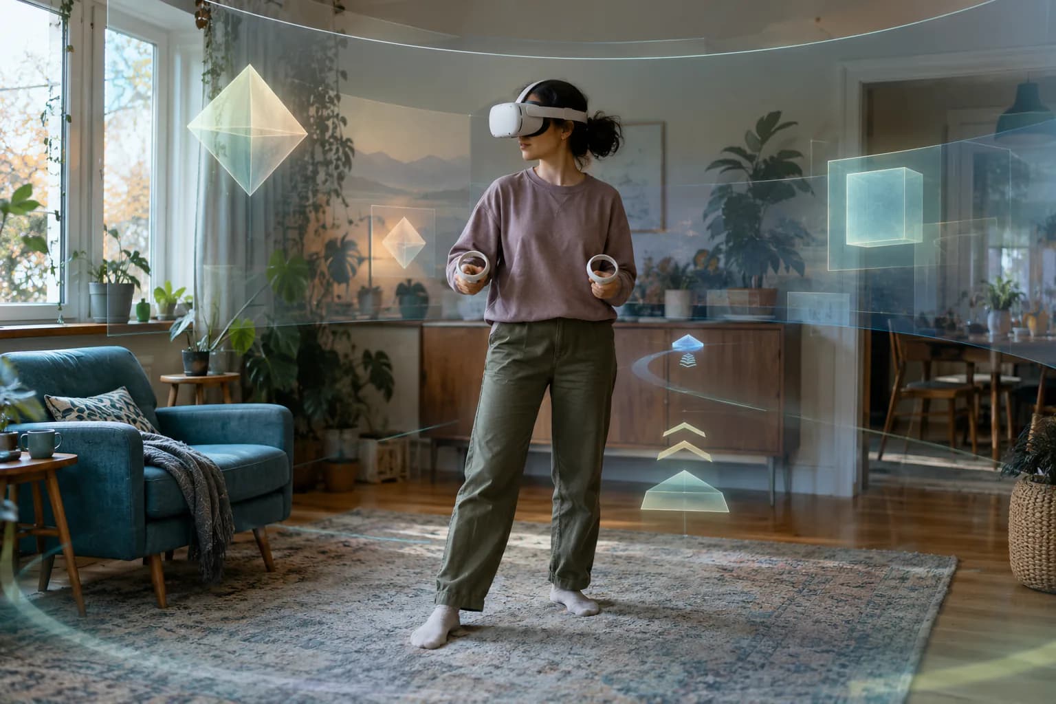 Candid editorial photo for Pavlov VR (and Pavlov Shack), of a generic VR comfort scene with a safe boundary and restrained motion cues.