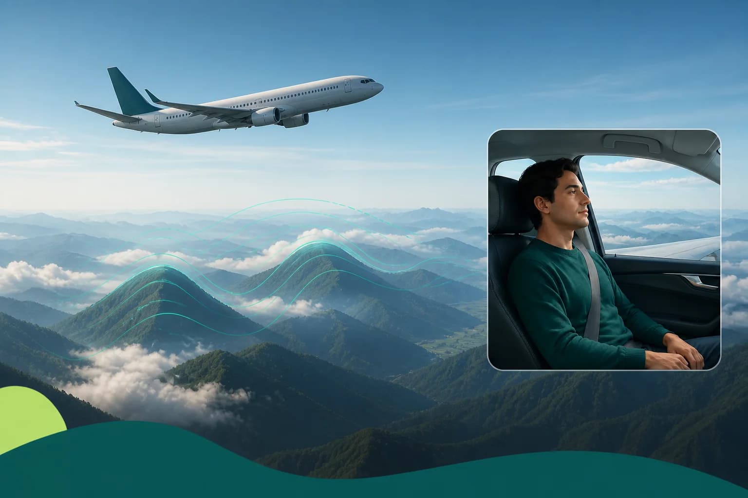 Passenger aircraft crossing mountain-wave air while a prepared traveler sits over the wing.