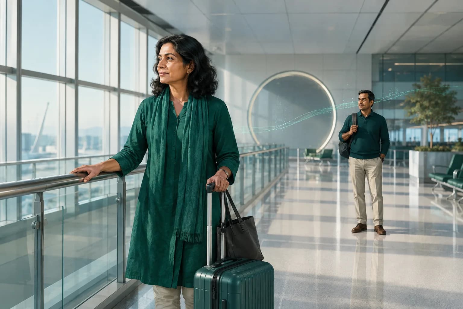 Traveler pausing beside a fixed airport railing while a companion waits with the luggage.
