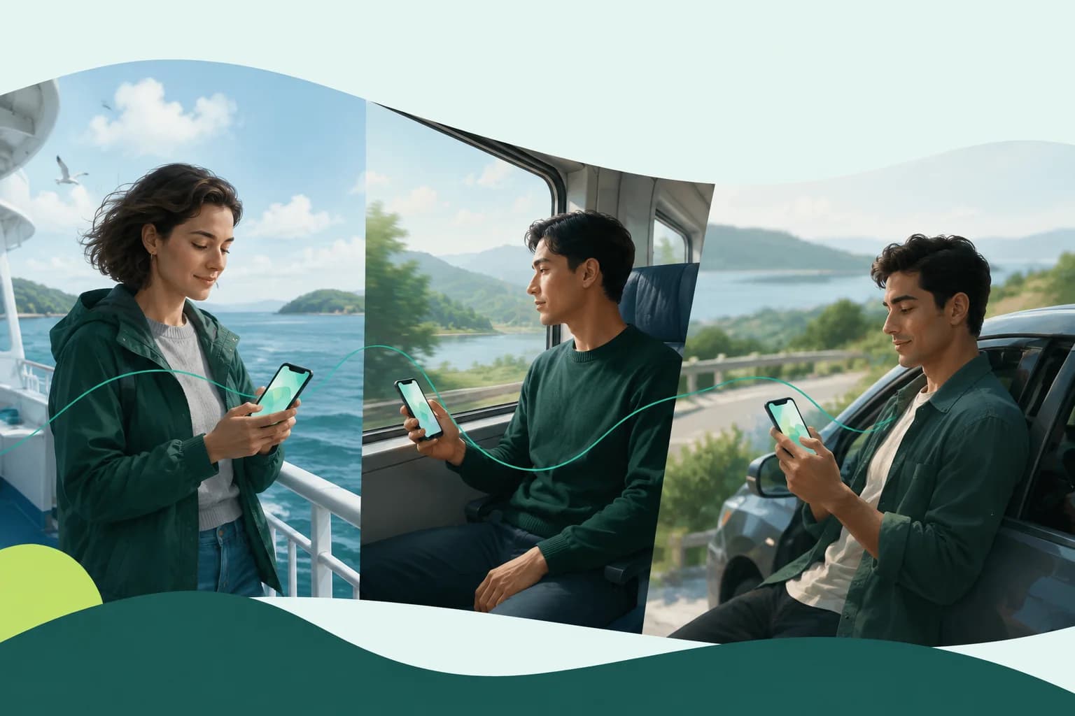 Travelers documenting their experiences on a ferry, train and road trip with blank phone screens.