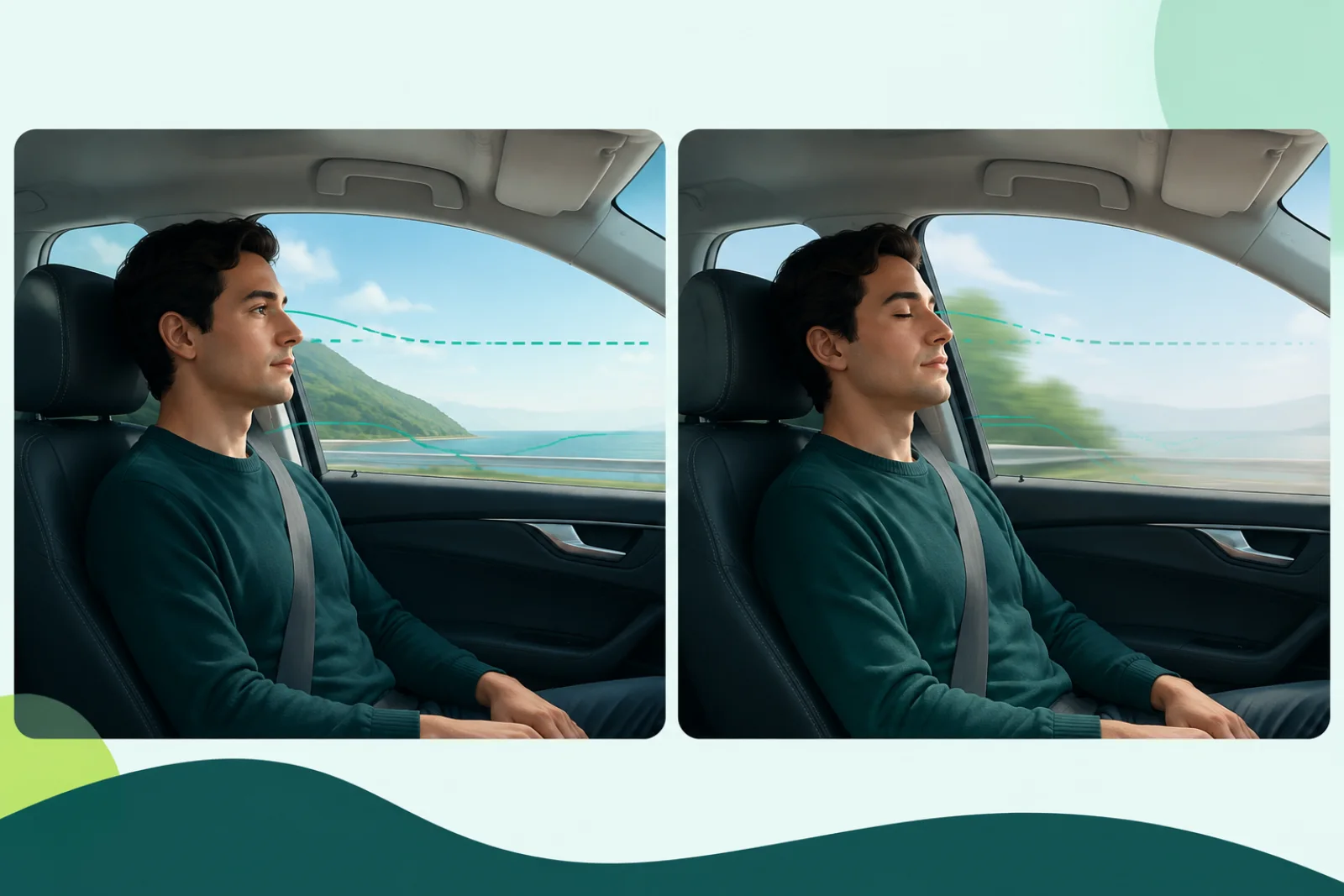 Two-panel illustration comparing a car passenger looking toward the horizon with the same passenger resting with eyes closed.