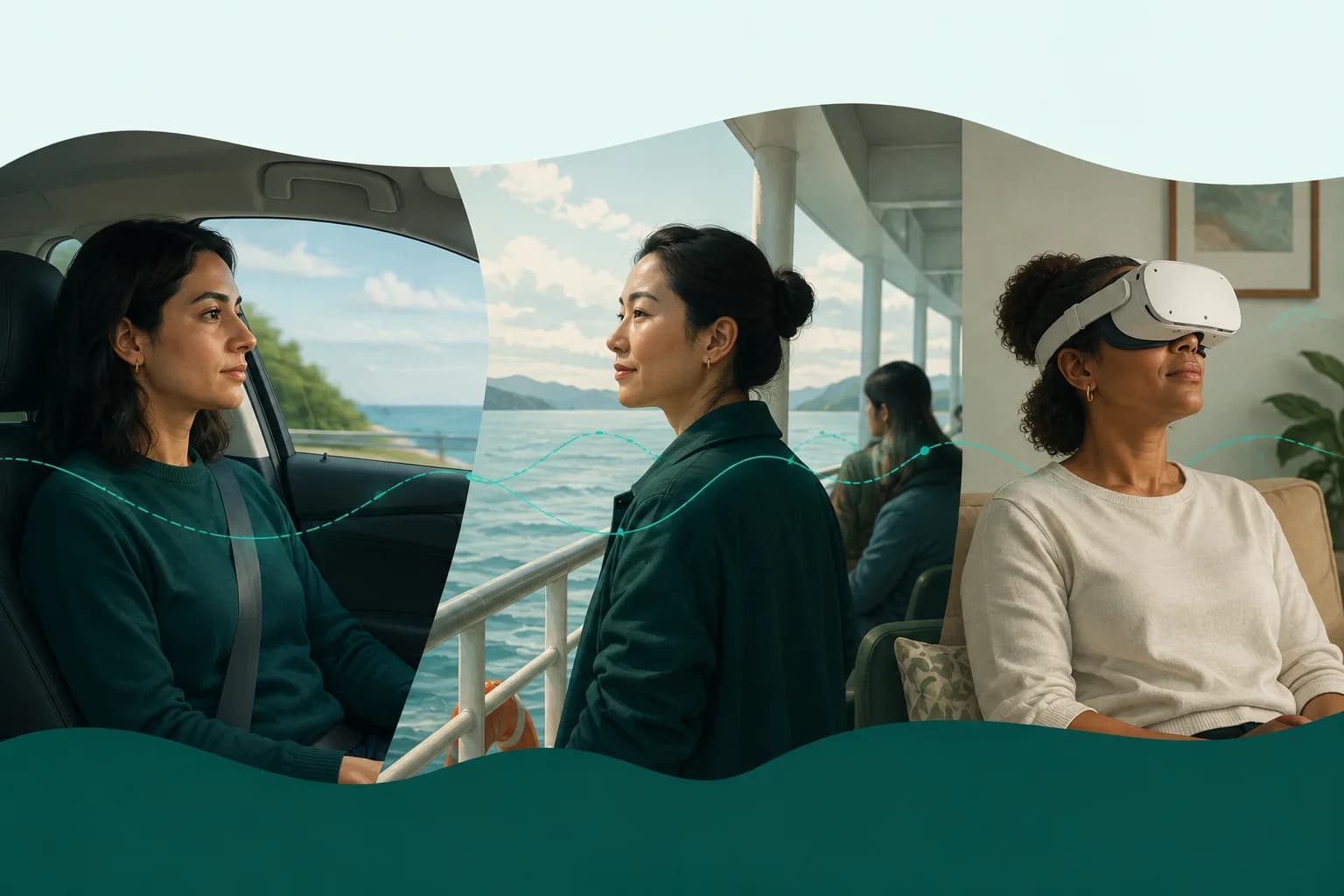 Diverse women shown as a car passenger, ferry traveler and VR user in everyday motion settings.