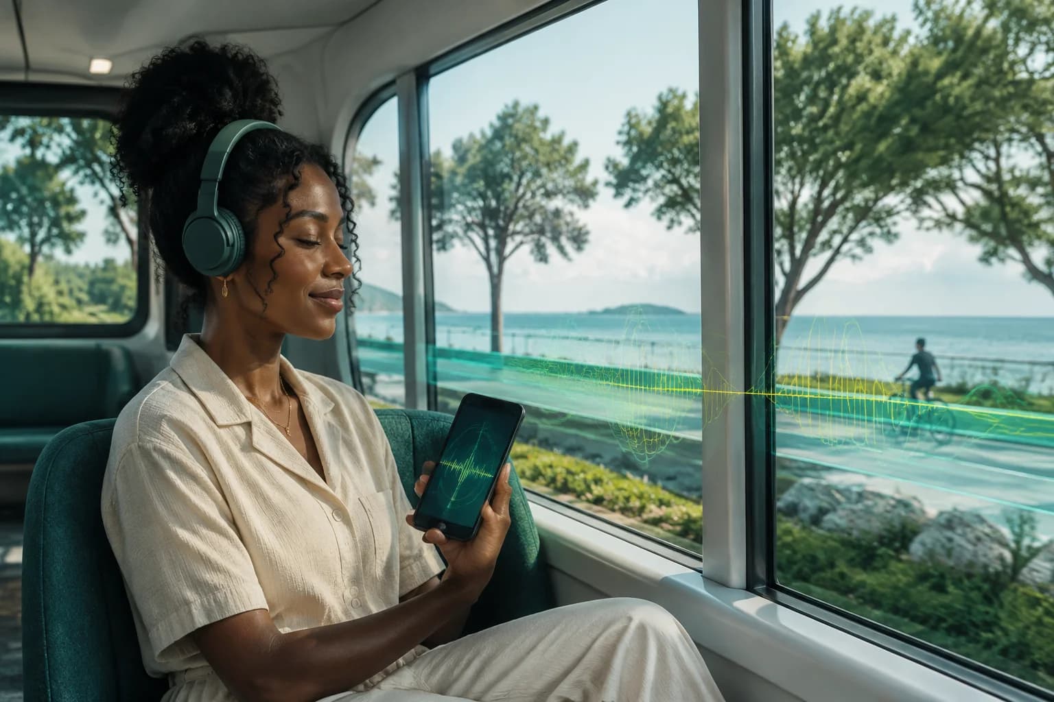 Passenger using headphones and a blank sound-wave app interface during a gentle shuttle ride.