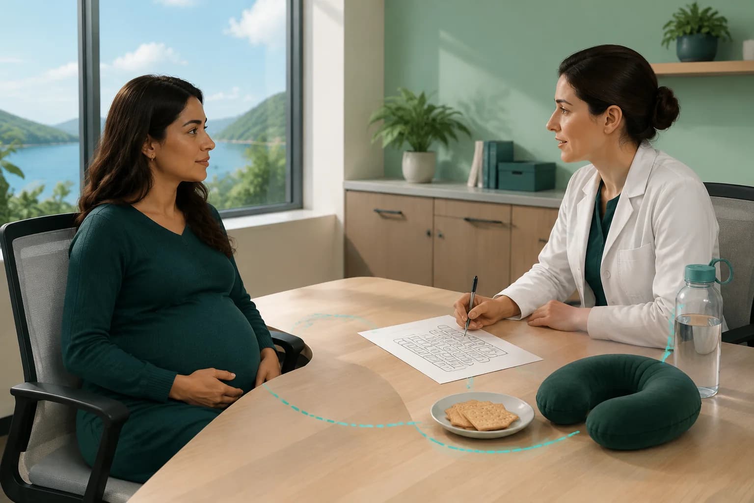 Pregnant traveler reviewing hydration, light food and seating plans with a clinician before travel.