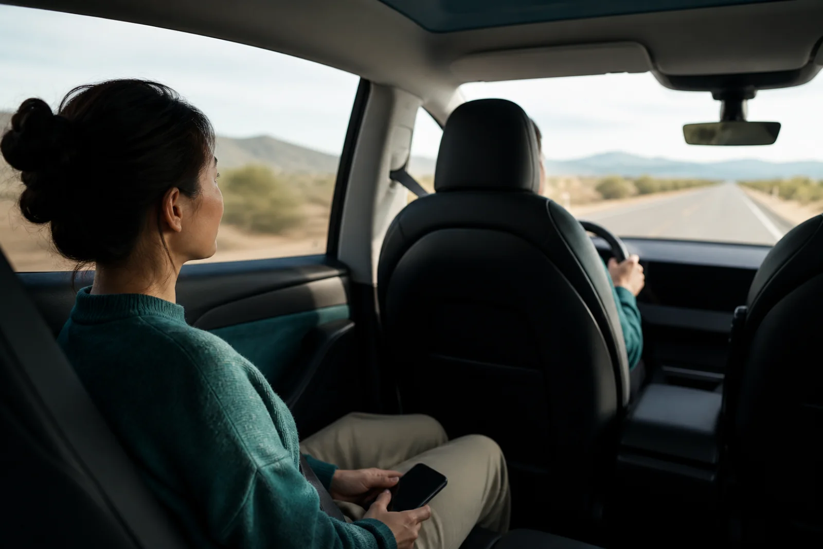 Passenger in the back seat of a modern electric car looking forward toward the road while holding an unused phone in her lap.