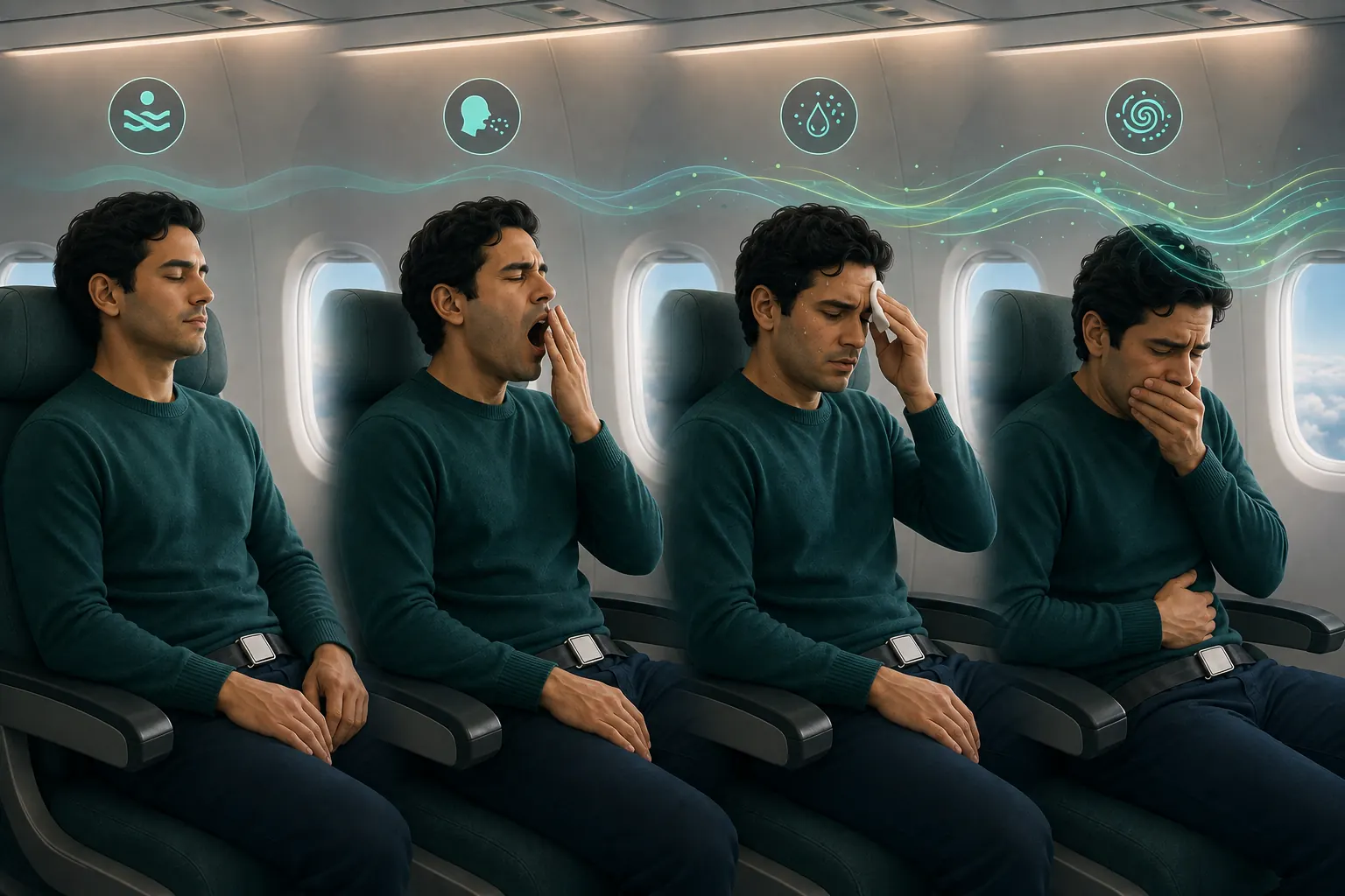 Airline passenger shown through a gradual sequence of warmth, yawning, cool sweat and queasiness.