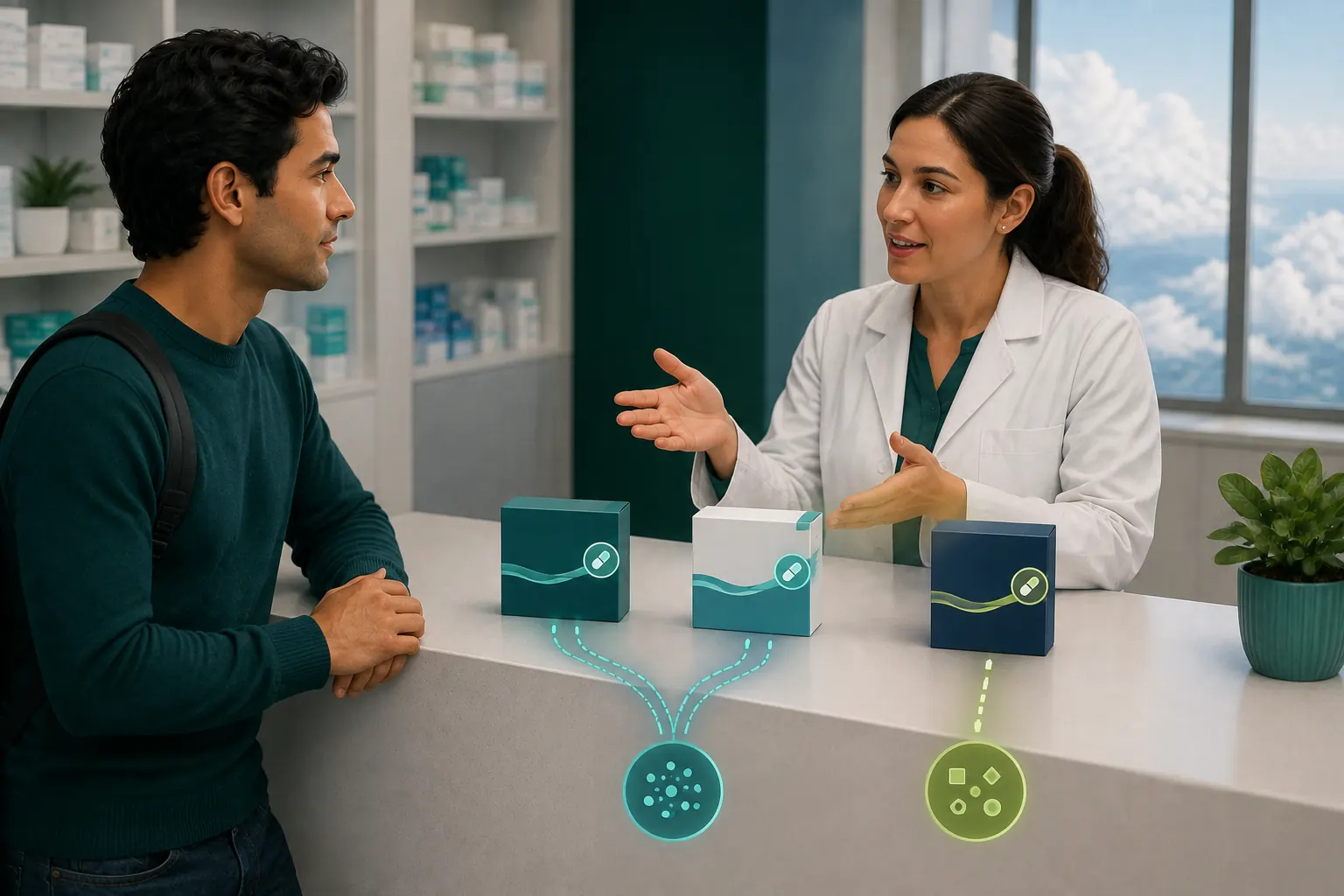 Pharmacist and traveler comparing three unlabelled medicine packages, with two connected as the same ingredient family.
