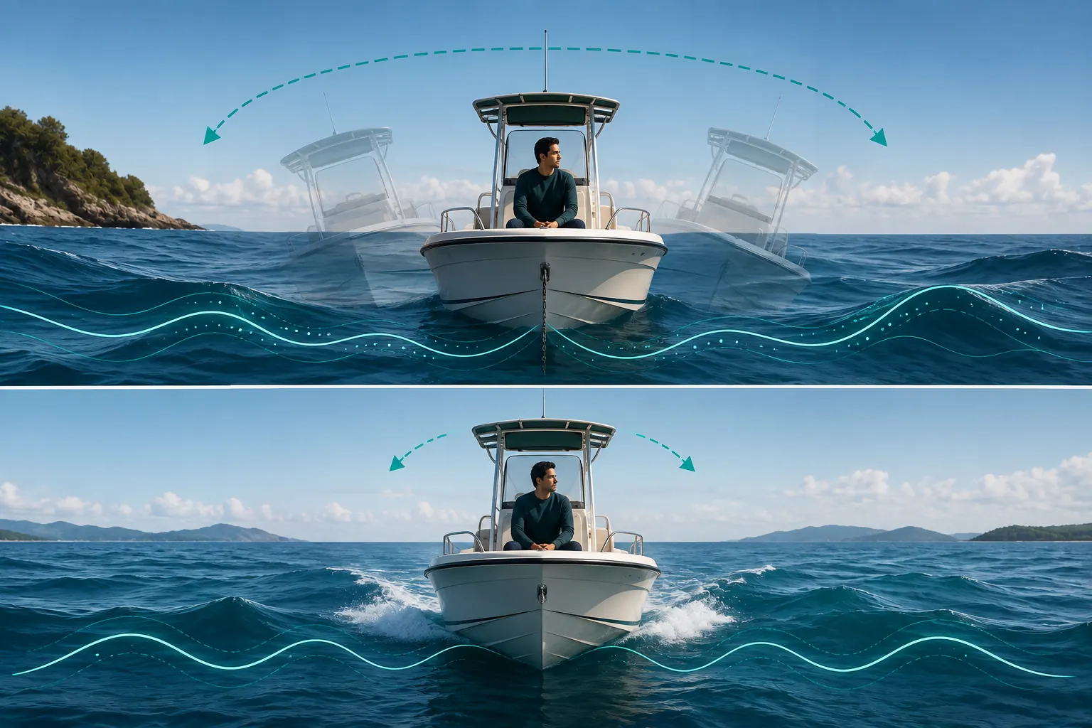 Boat rolling side to side at anchor compared with more predictable forward motion while under way.