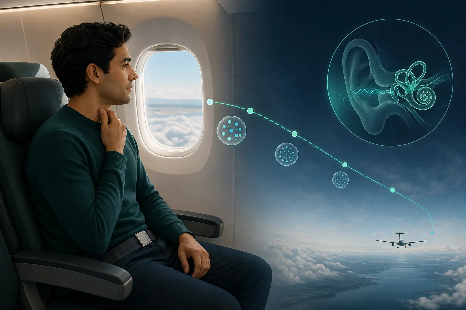 Airline passenger during descent beside a simplified inner-ear illustration and a gentle cabin-pressure path.