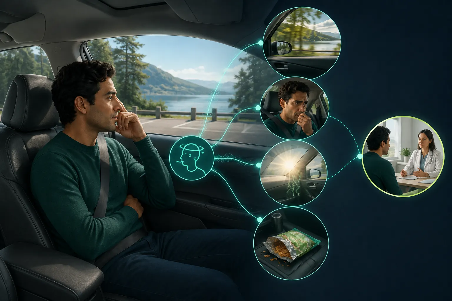 Car passenger surrounded by separate visual cues for motion, anxiety, bright light and an empty stomach.