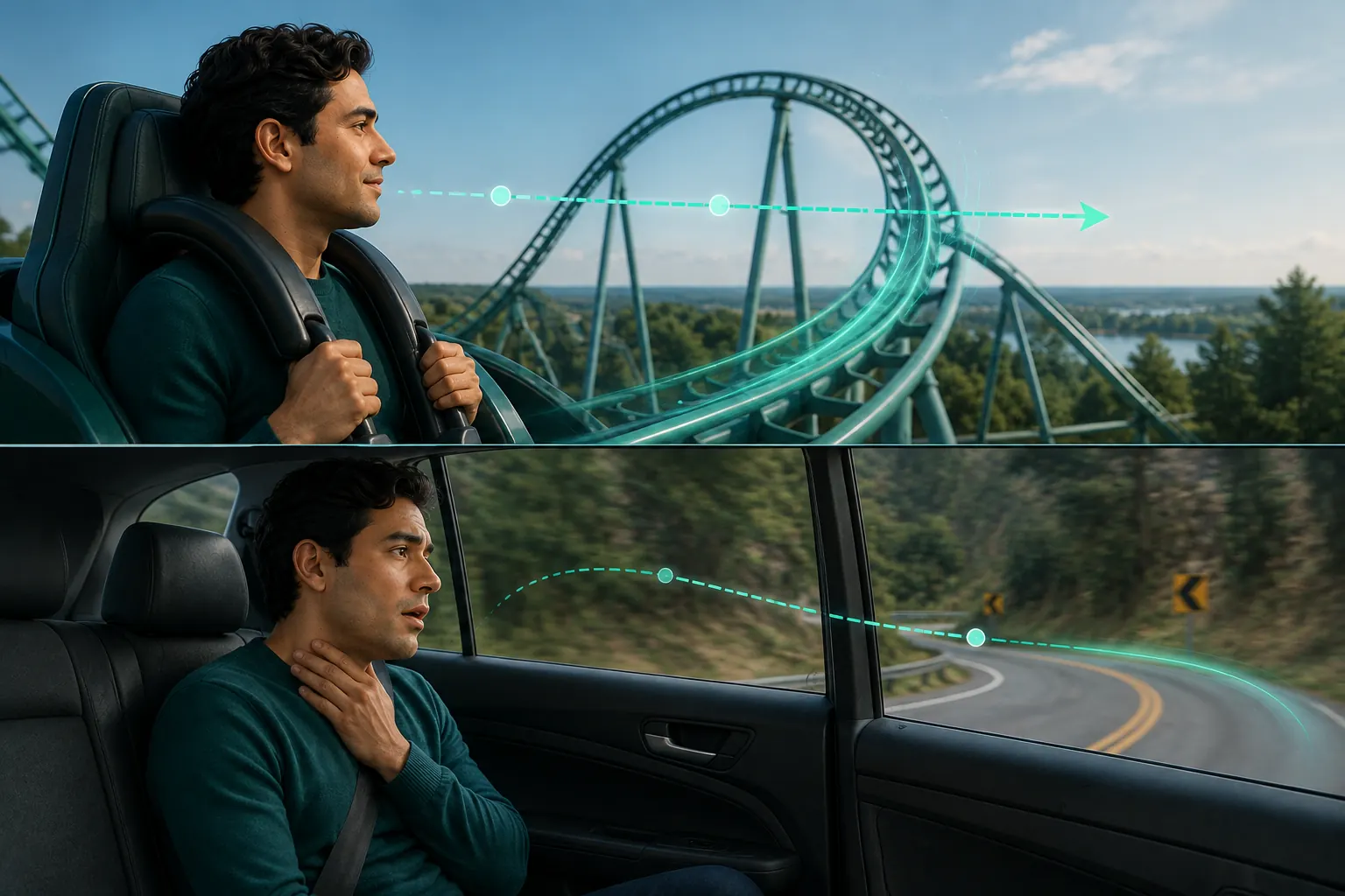 Same person anticipating a roller-coaster turn but reacting late to an unseen curve from a car back seat.