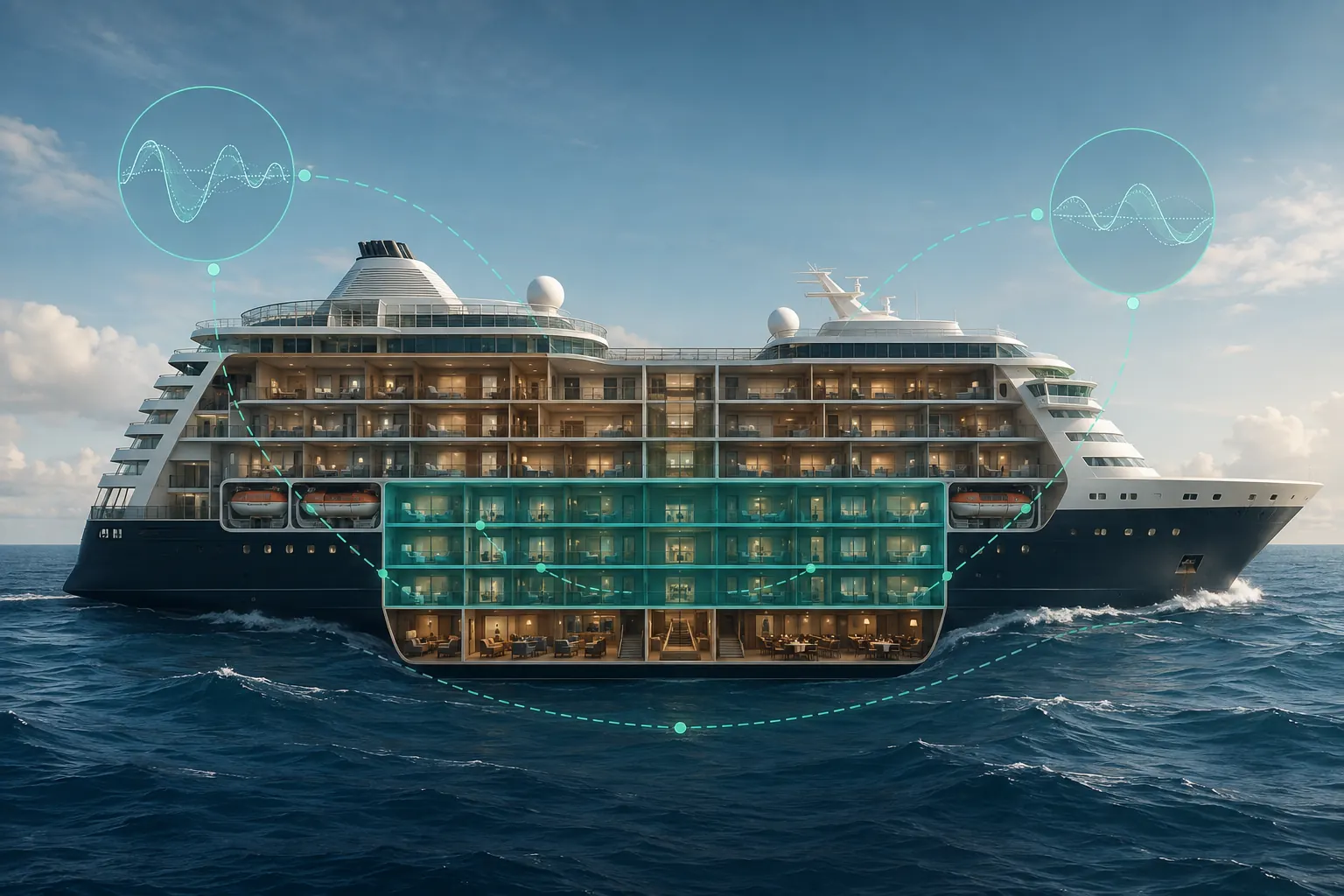 Cruise ship cutaway showing a traveler in a low midship cabin where motion arcs are smaller.