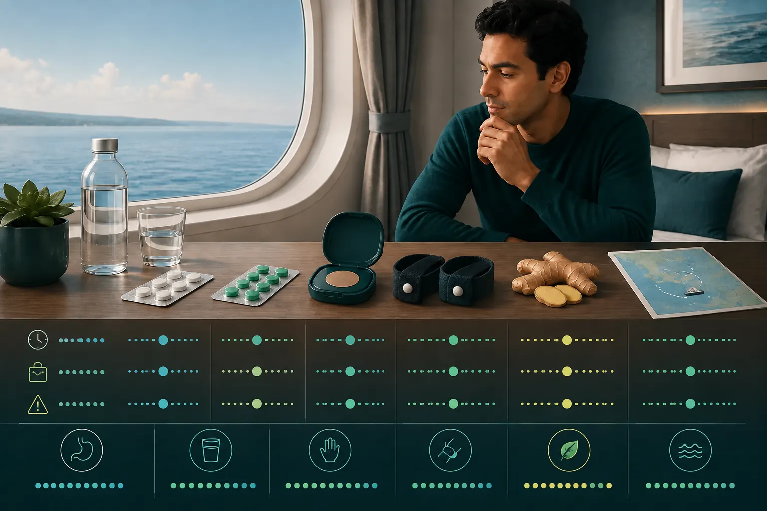 Traveler comparing unbranded seasickness tablets, a patch case, wristbands and ginger beside a cruise window.