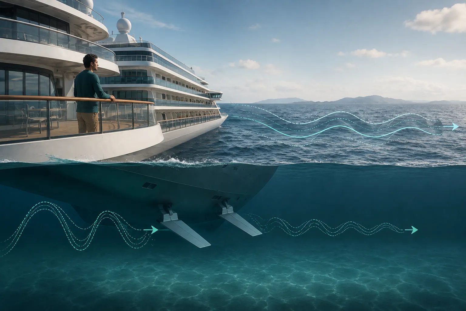 Cruise ship cutaway with stabilizer fins reducing, but not eliminating, gentle rolling motion.